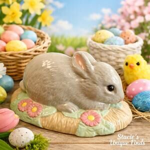 Vintage Ceramic Rabbit Bunny Figurine Pastel Floral Base Spring Easter Decor